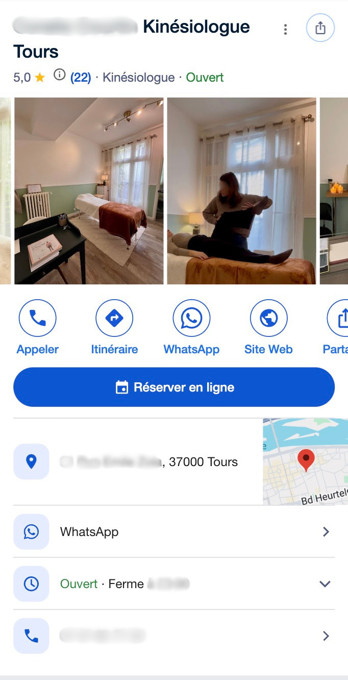 Bouton Réserver en ligne sur fiche Google Business mobile pour praticien bien-être SensFlow