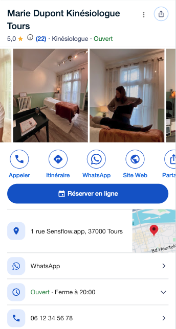 Bouton Réserver en ligne sur fiche Google Business d'un praticien bien-être — intégration SensFlow et Reserve with Google
